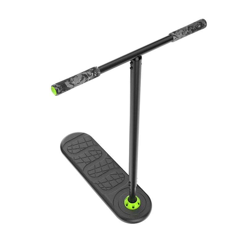 Black trick scooter with adjustable handlebars, grippy TPU handgrips, and a stable, textured deck designed for advanced stunts and precision control.