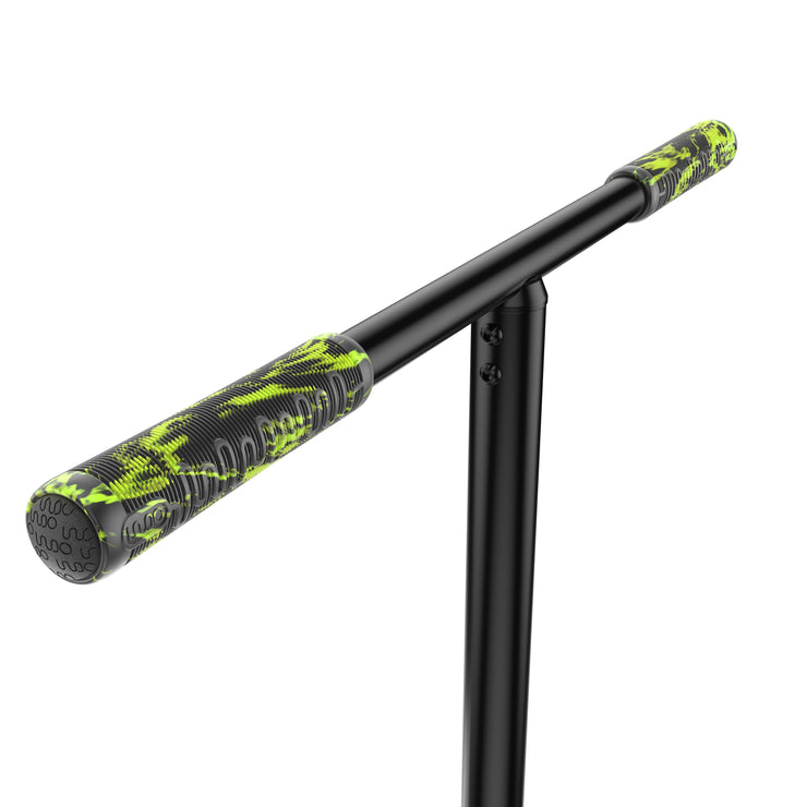 Close-up of the handlebars of the INDO PRO V2 Green Mamba trampoline trick scooter, featuring a textured grip design.