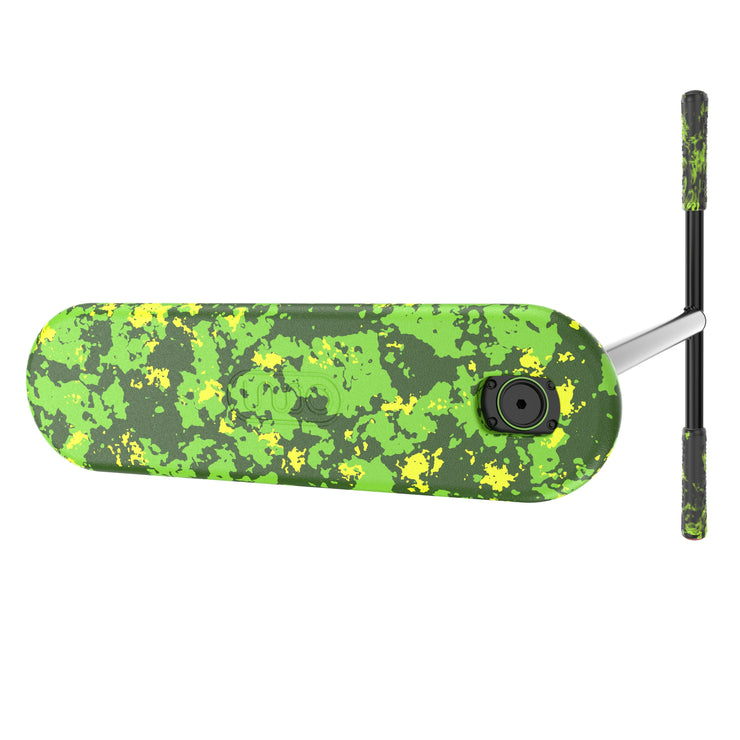 Trampoline trick scooter INDO PRO V2 Green Mamba with vibrant camo design and adjustable handlebar.