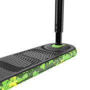Close-up of the INDO PRO V2 Green Mamba trampoline trick scooter deck showcasing its black and green design.