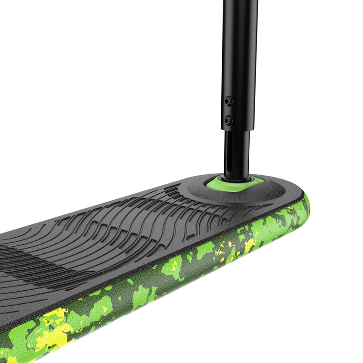 Close-up of the INDO PRO V2 Green Mamba trampoline trick scooter deck showcasing its black and green design.