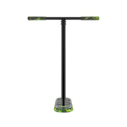 Trampoline trick scooter handlebars and deck in green mamba design, showcasing adjustable height and pro-level features.
