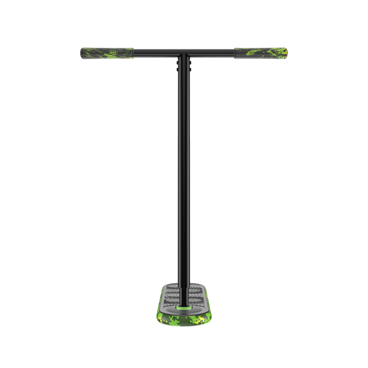 Trampoline trick scooter handlebars and deck in green mamba design, showcasing adjustable height and pro-level features.
