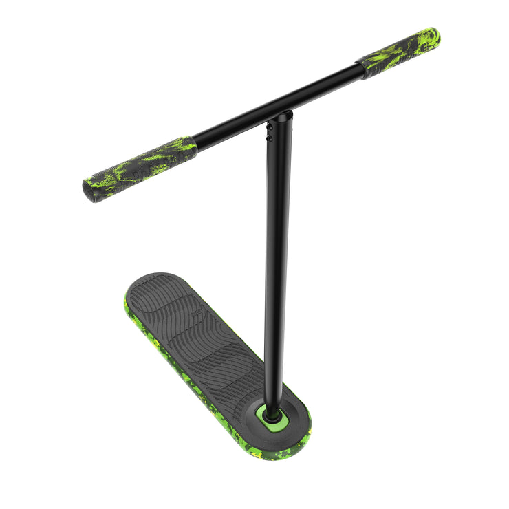 Trampoline trick scooter INDO PRO V2 Green Mamba with black frame and green accents, designed for advanced performance.