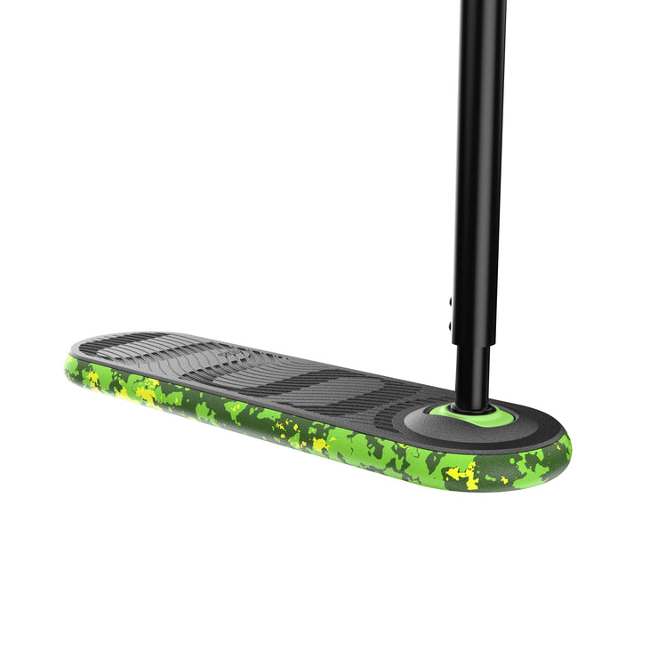 Close-up of the INDO PRO V2 Green Mamba trampoline trick scooter deck showcasing its vibrant design and durable materials.